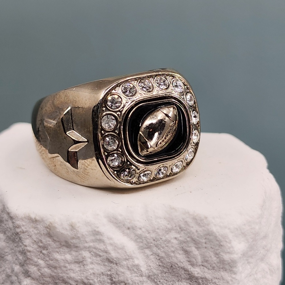 Football Statement Ring Clear Rhinestone Black Enamel Silver Tone Star Cutout 11